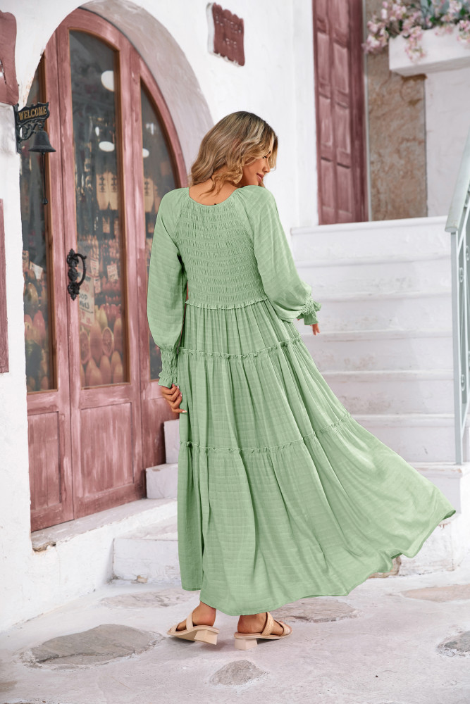 R.Vivimos Maxi Dress for Women Long Sleeve V Neck Empire Waist Layered Ruffle Boho Casual Flowy Long Dresses
