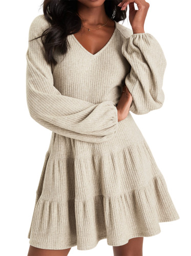 R.Vivimos Womens Fall Dresses Lantern Sleeve V Neck Stretchy Ribbed Knit A-Line Tiered Mini Skater Dress