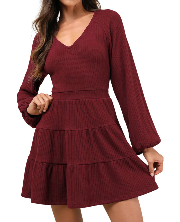 R.Vivimos Womens Fall Dresses Lantern Sleeve V Neck Stretchy Ribbed Knit A-Line Tiered Mini Skater Dress