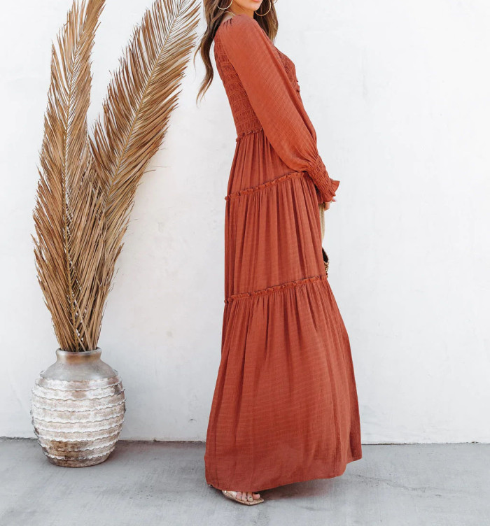 R.Vivimos Maxi Dress for Women Long Sleeve V Neck Empire Waist Layered Ruffle Boho Casual Flowy Long Dresses