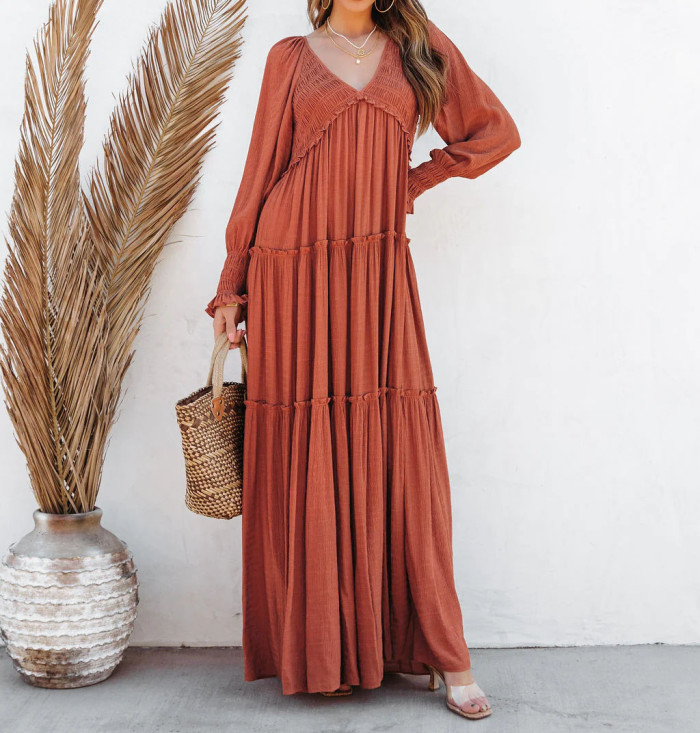 R.Vivimos Maxi Dress for Women Long Sleeve V Neck Empire Waist Layered Ruffle Boho Casual Flowy Long Dresses