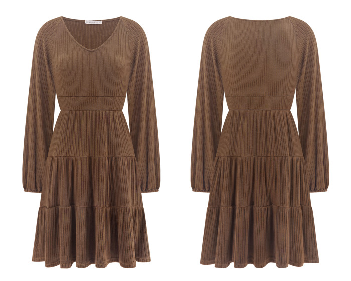 R.Vivimos Womens Fall Dresses Lantern Sleeve V Neck Stretchy Ribbed Knit A-Line Tiered Mini Skater Dress