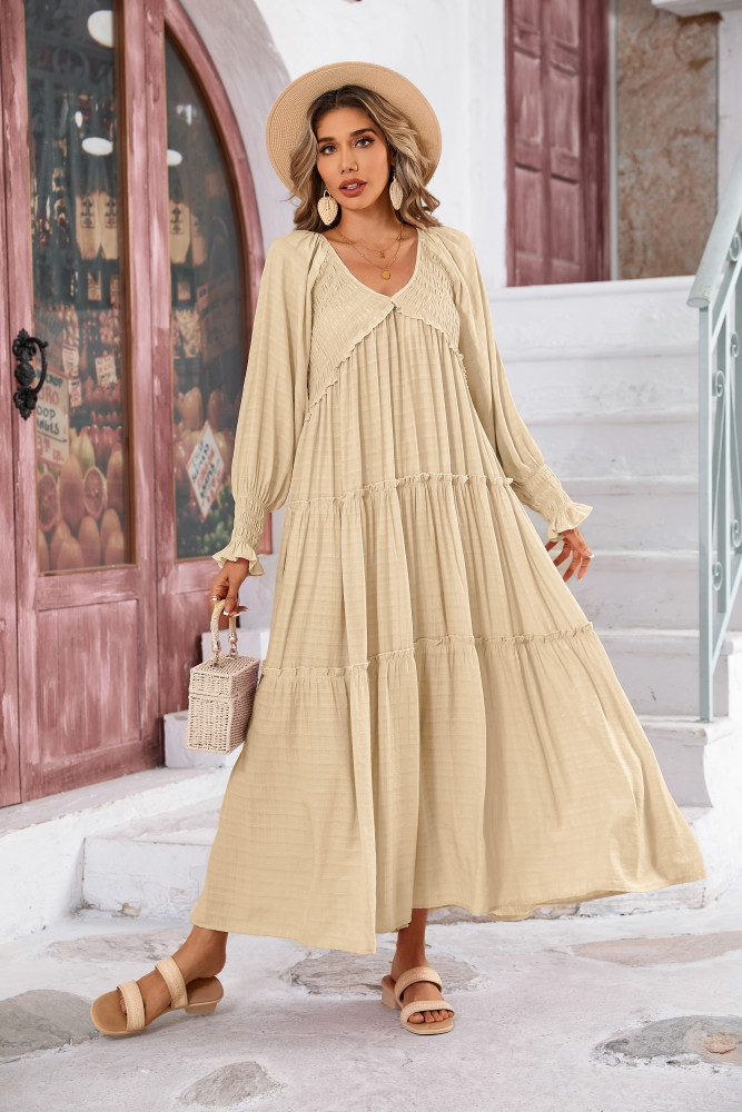 R.Vivimos Maxi Dress for Women Long Sleeve V Neck Empire Waist Layered Ruffle Boho Casual Flowy Long Dresses