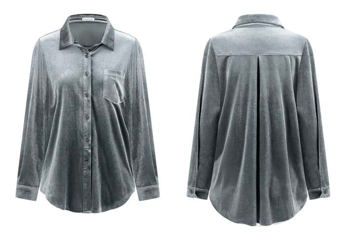 R.Vivimos Women Velvet Tops Sexy Blouses Long Sleeve V-neck Button Down Casual Shirts
