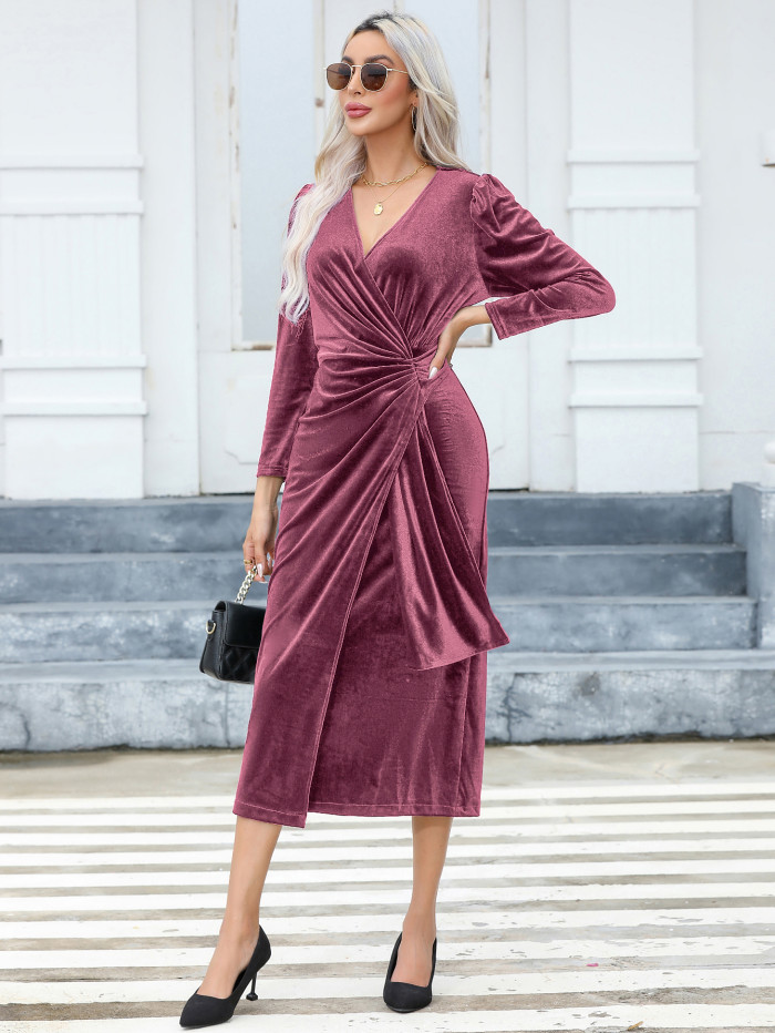 R.Vivimos Womens Velvet V Neck Wrap Dress Fall Winter Long Sleeve Waist Ruched Elastic Elegant Midi Dress