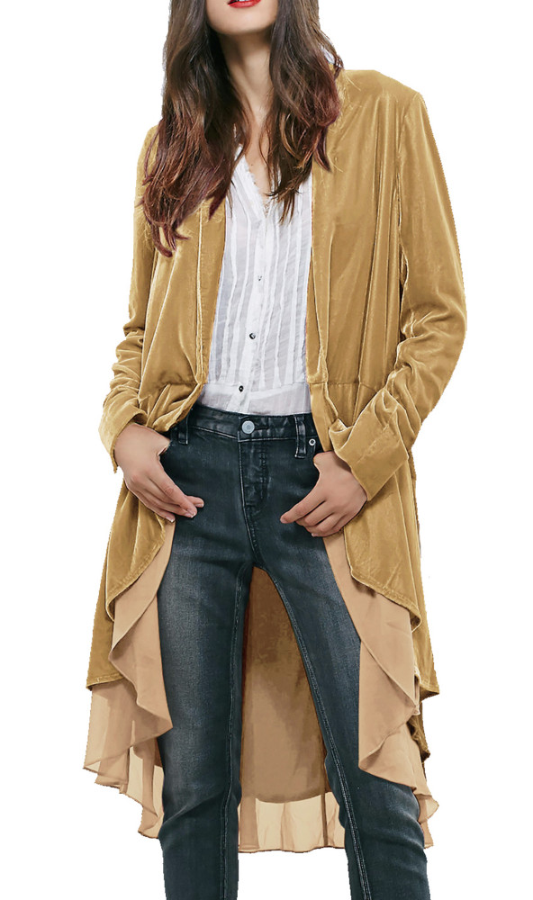 R.Vivimos Womens Ruffled Asymmetric Long Velvet Blazers Coat Casual Jackets