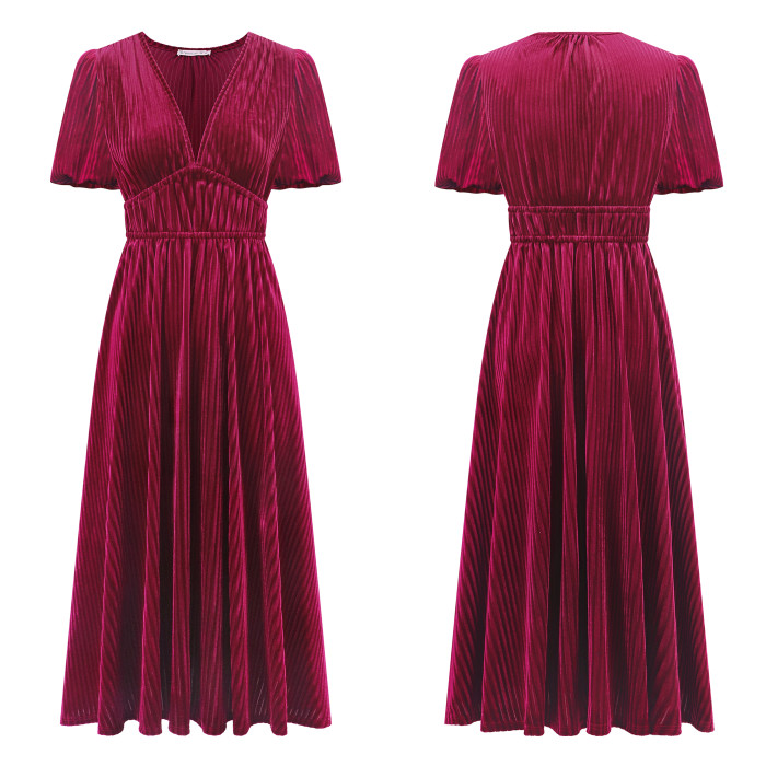 R.Vivimos Women's Fall Winter Velvet Dress Puff Sleeve Sexy Deep V Neck Elastic High Waist A-Line Elegant Casual Midi Dress