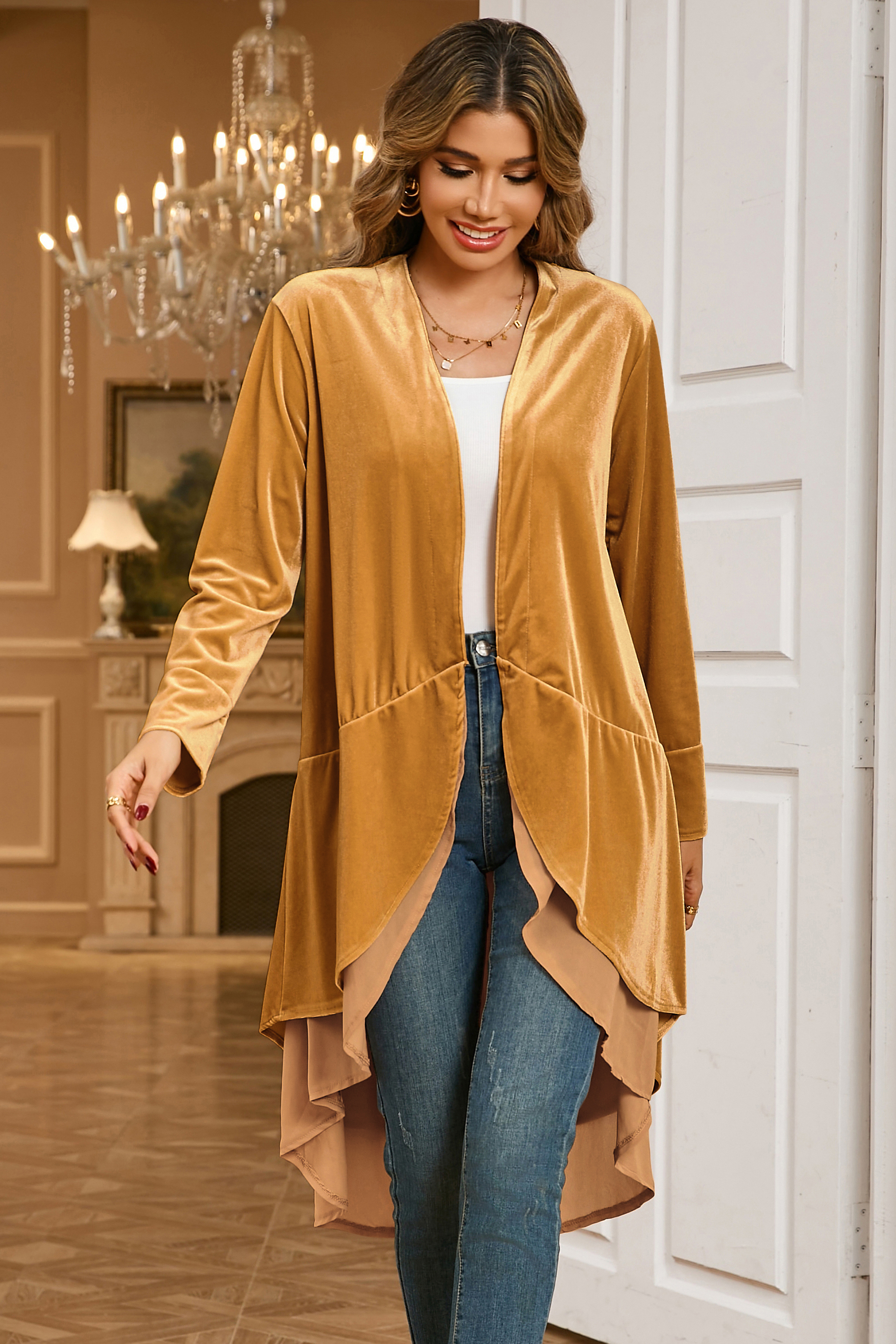 R.Vivimos Womens Ruffled Asymmetric Long Velvet Blazers Coat