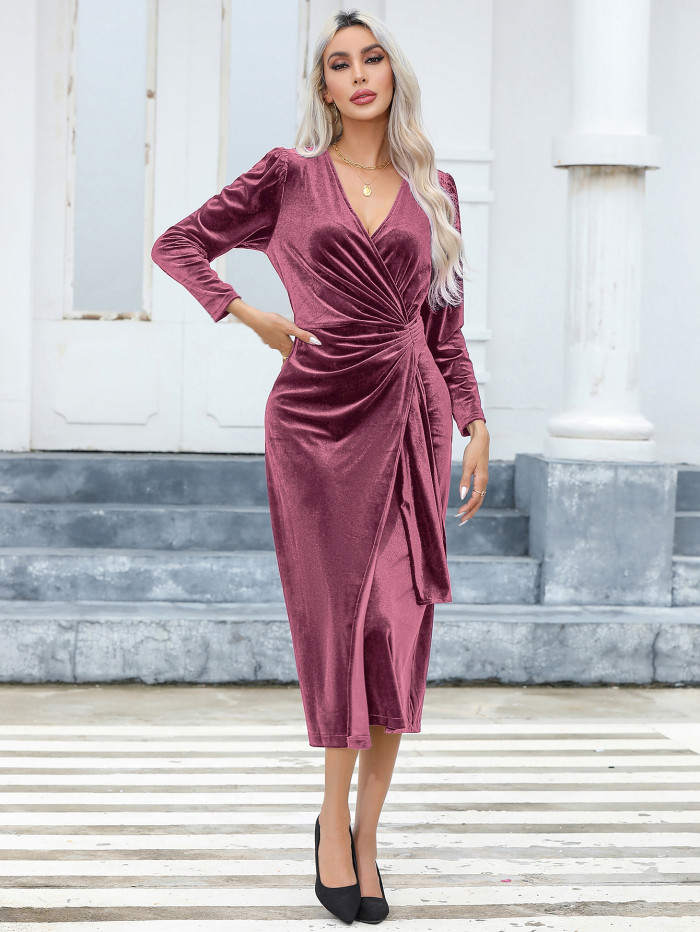 R.Vivimos Womens Velvet V Neck Wrap Dress Fall Winter Long Sleeve Waist Ruched Elastic Elegant Midi Dress