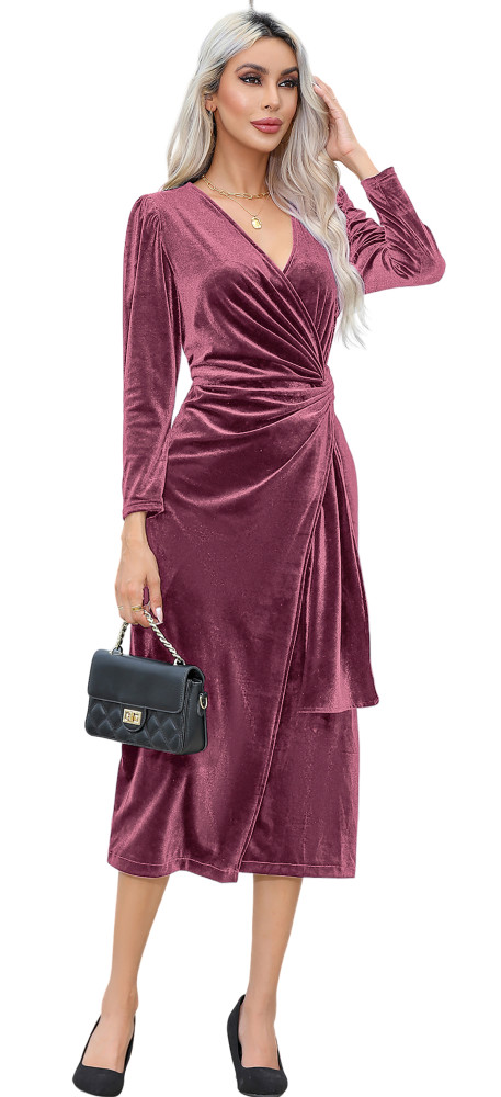 R.Vivimos Womens Velvet V Neck Wrap Dress Fall Winter Long Sleeve Waist Ruched Elastic Elegant Midi Dress