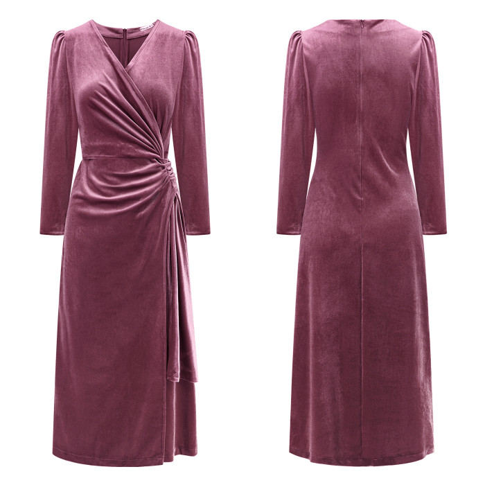 R.Vivimos Womens Velvet V Neck Wrap Dress Fall Winter Long Sleeve Waist Ruched Elastic Elegant Midi Dress