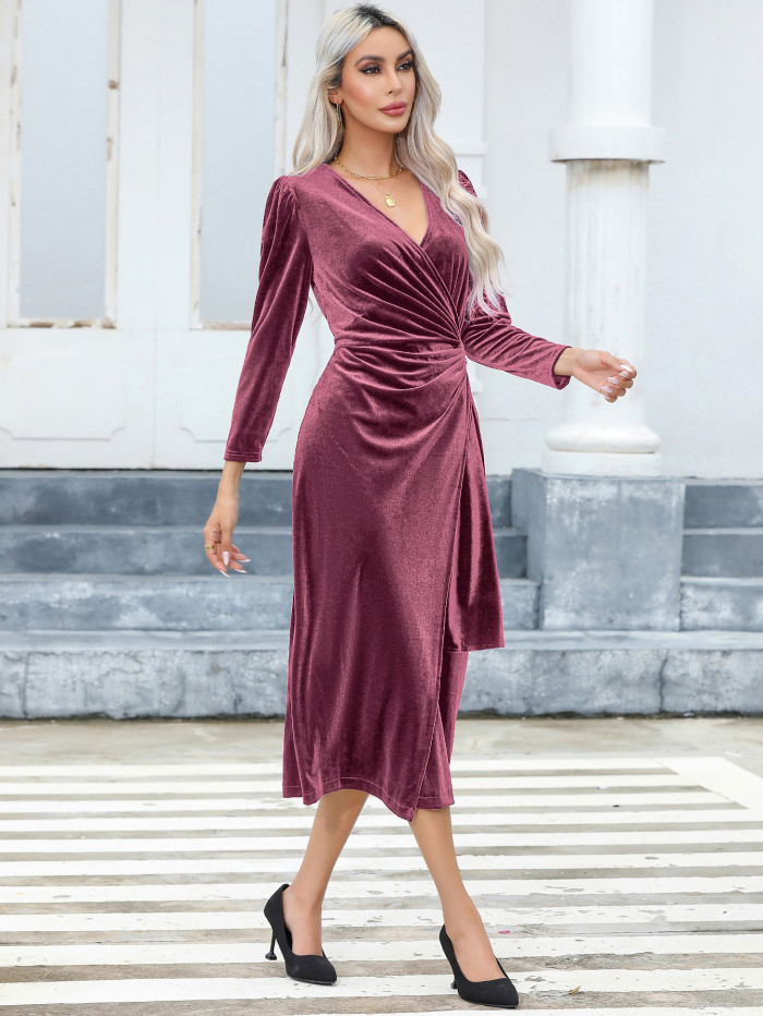 R.Vivimos Womens Velvet V Neck Wrap Dress Fall Winter Long Sleeve Waist Ruched Elastic Elegant Midi Dress