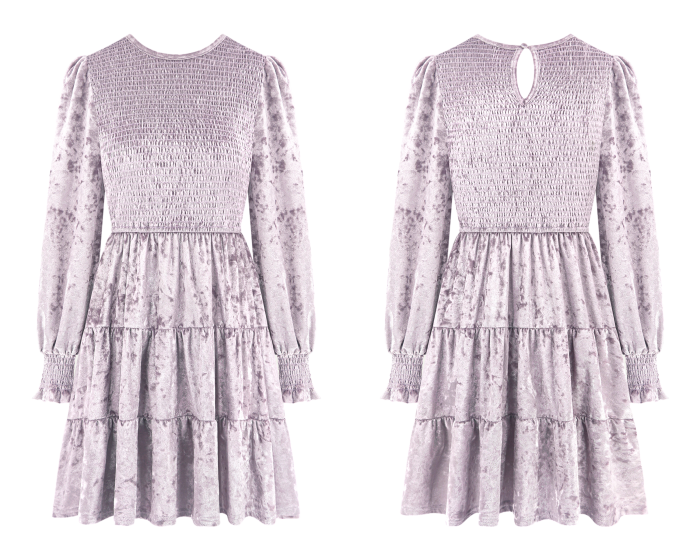 R.Vivimos Women's Fall Winter Crushed Velvet Dress Long Sleeve Crew Neck Elastic Smocked A-Line Tiered Ruffle Mini Dress