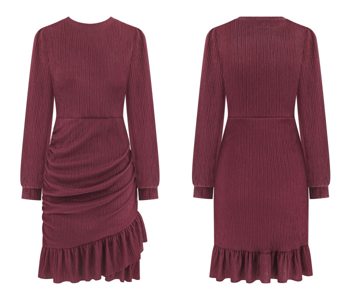 R.Vivimos Fall Elegant Dresses for Women Long Sleeve Crewneck Trendy Ruched Ruffle Hem Spring Casual Mini Dress