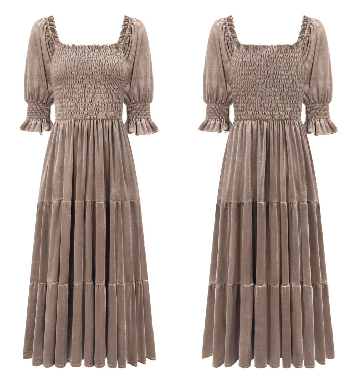 R.Vivimos Womens Fall Winter Velvet Dress Puff Sleeve Square Neck Smocked Tiered Ruffle A-Line Flowy Midi Dress