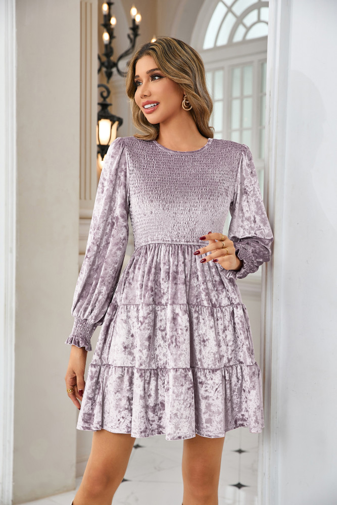 R.Vivimos Women's Fall Winter Crushed Velvet Dress Long Sleeve Crew Neck Elastic Smocked A-Line Tiered Ruffle Mini Dress