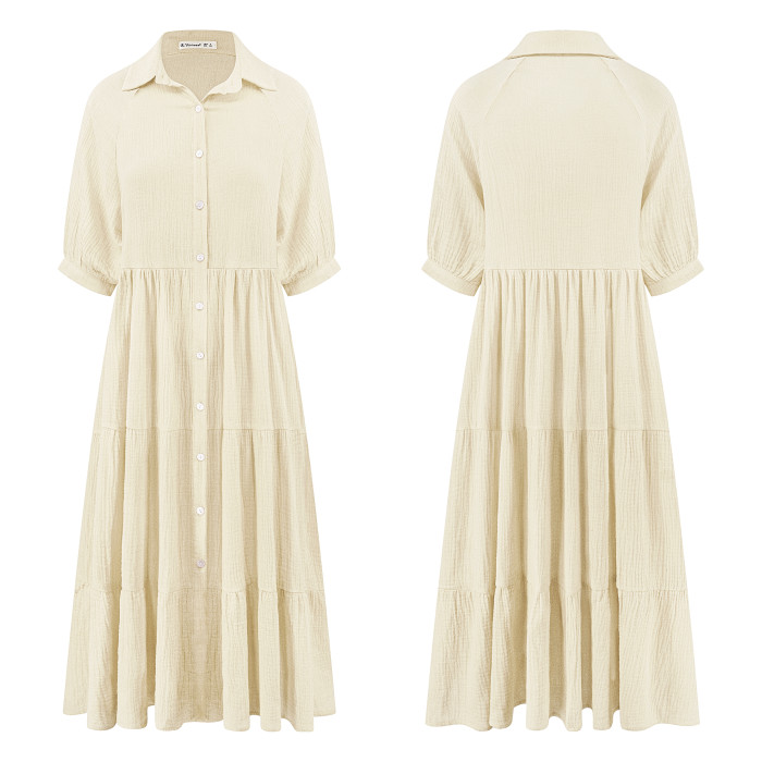 R.Vivimos Women's Summer Cotton Half Sleeves Button Down Casual Loose Slit Midi Dress with Pockets