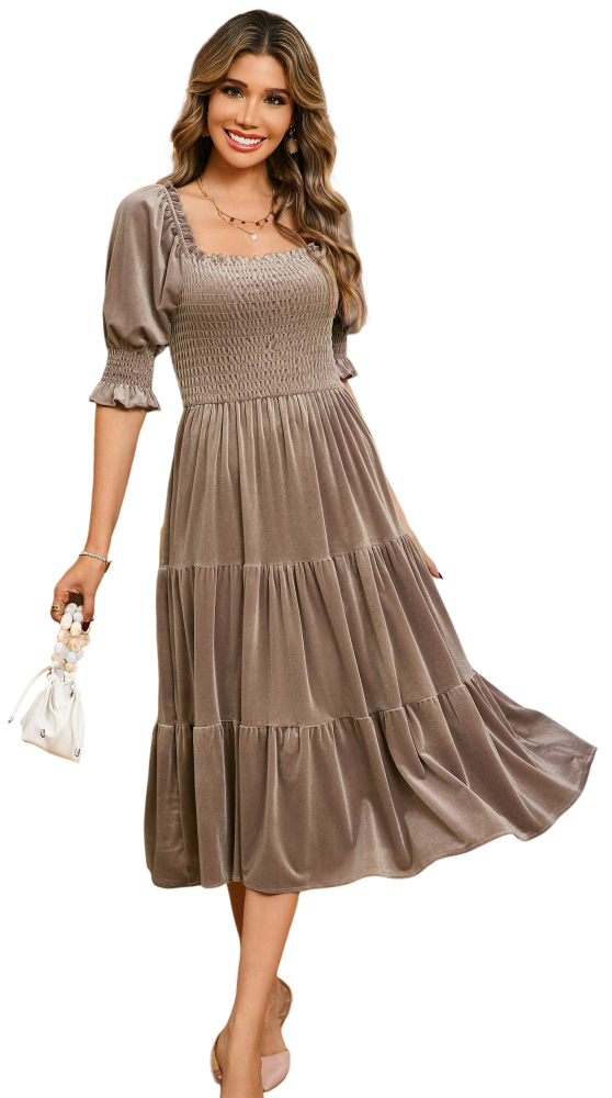 R.Vivimos Womens Fall Winter Velvet Dress Puff Sleeve Square Neck Smocked Tiered Ruffle A-Line Flowy Midi Dress