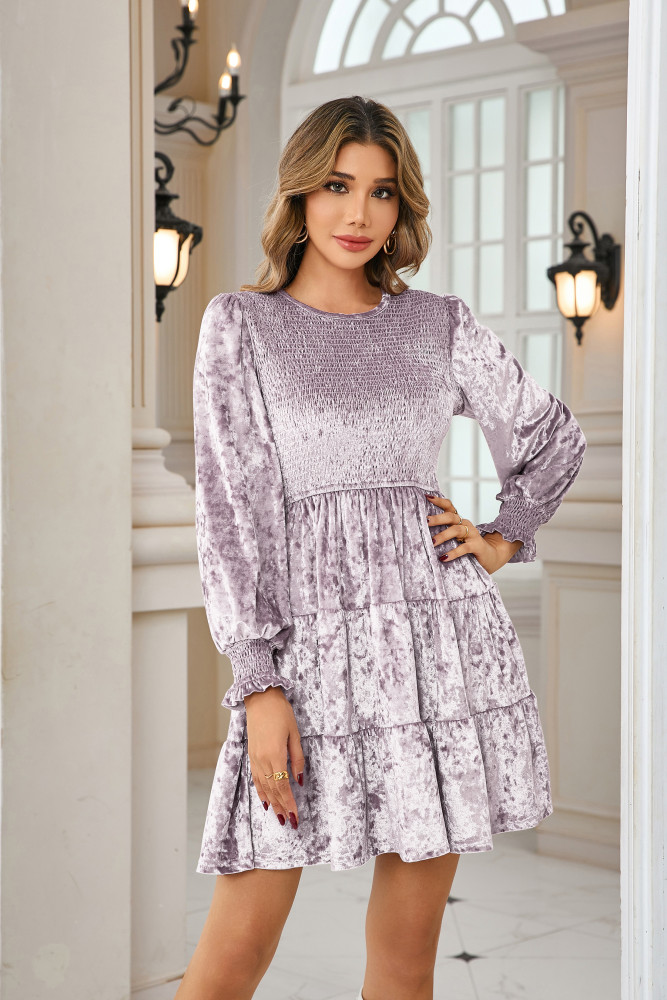R.Vivimos Women's Fall Winter Crushed Velvet Dress Long Sleeve Crew Neck Elastic Smocked A-Line Tiered Ruffle Mini Dress