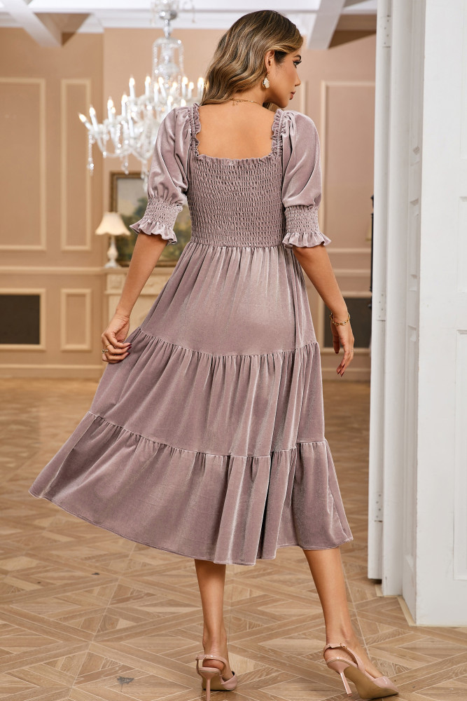 R.Vivimos Womens Fall Winter Velvet Dress Puff Sleeve Square Neck Smocked Tiered Ruffle A-Line Flowy Midi Dress