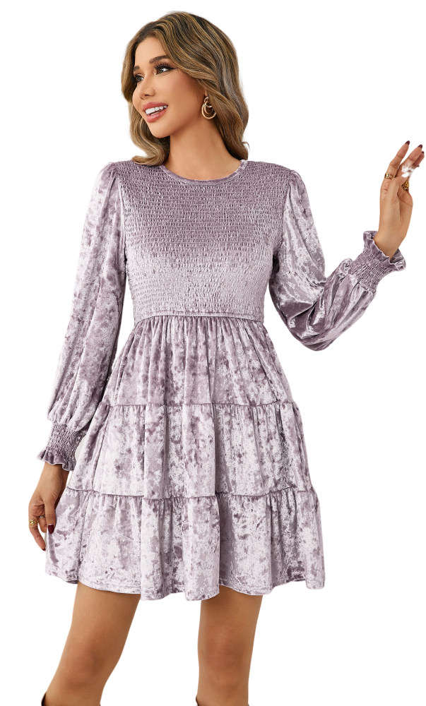 R.Vivimos Women's Fall Winter Crushed Velvet Dress Long Sleeve Crew Neck Elastic Smocked A-Line Tiered Ruffle Mini Dress