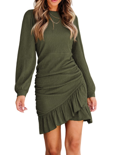 R.Vivimos Fall Elegant Dresses for Women Long Sleeve Crewneck Trendy Ruched Ruffle Hem Spring Casual Mini Dress