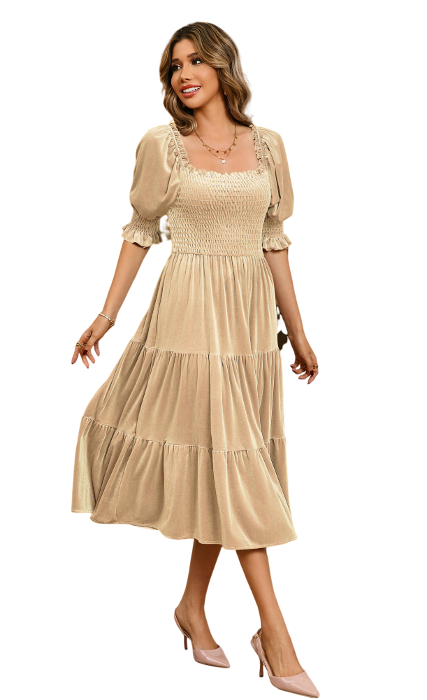 R.Vivimos Womens Fall Winter Velvet Dress Puff Sleeve Square Neck Smocked Tiered Ruffle A-Line Flowy Midi Dress