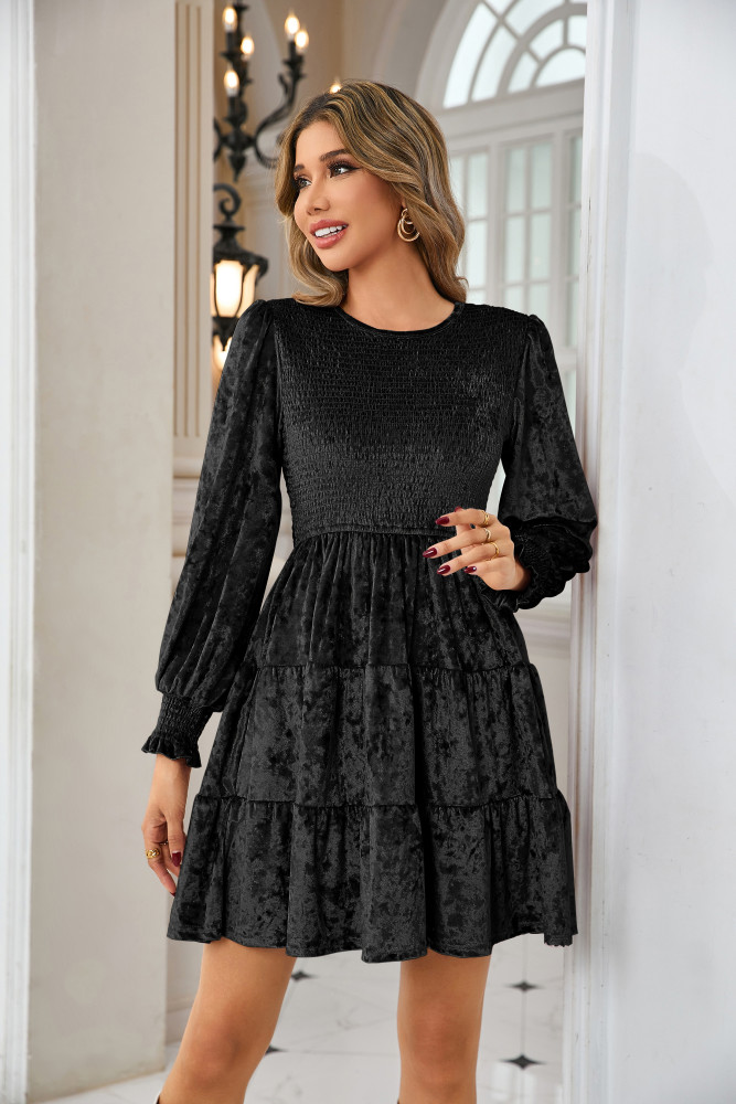 R.Vivimos Women's Fall Winter Crushed Velvet Dress Long Sleeve Crew Neck Elastic Smocked A-Line Tiered Ruffle Mini Dress