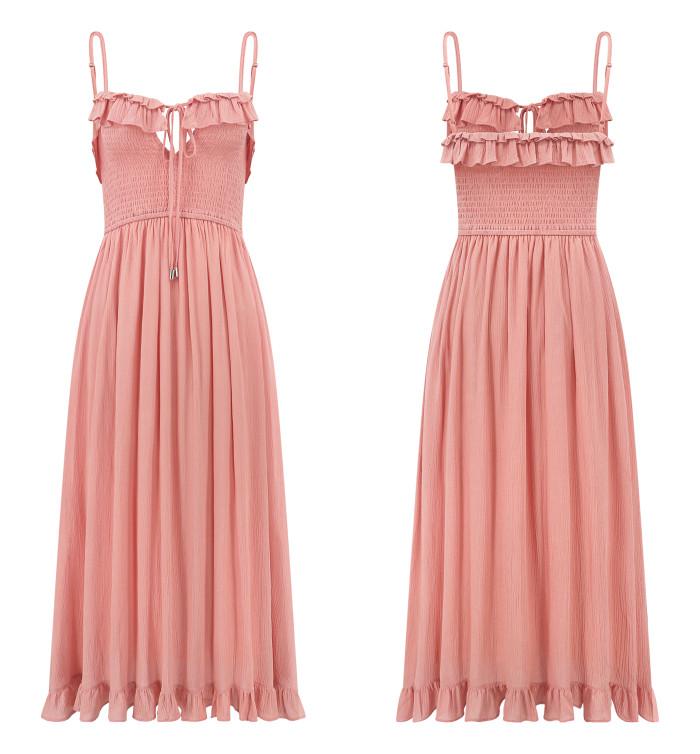 R.Vivimos Womens Summer Cotton Spaghetti Straps V-Neck Ruffle Casual Boho Midi Flowy Dress