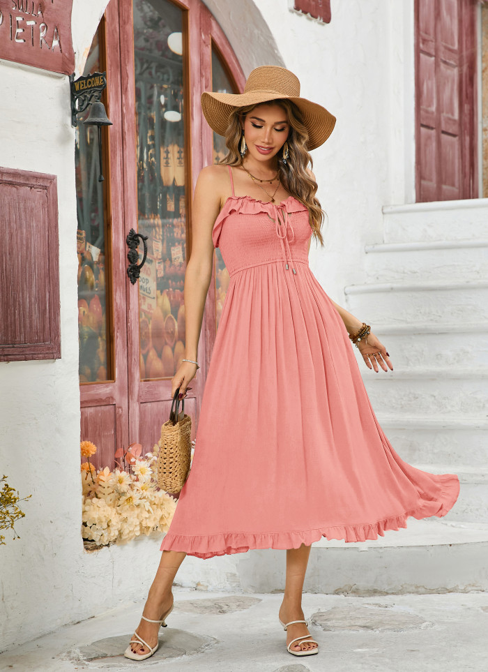 R.Vivimos Womens Summer Cotton Spaghetti Straps V-Neck Ruffle Casual Boho Midi Flowy Dress