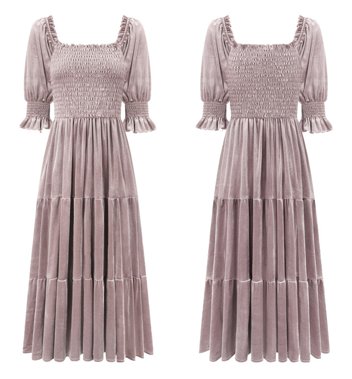 R.Vivimos Womens Fall Winter Velvet Dress Puff Sleeve Square Neck Smocked Tiered Ruffle A-Line Flowy Midi Dress