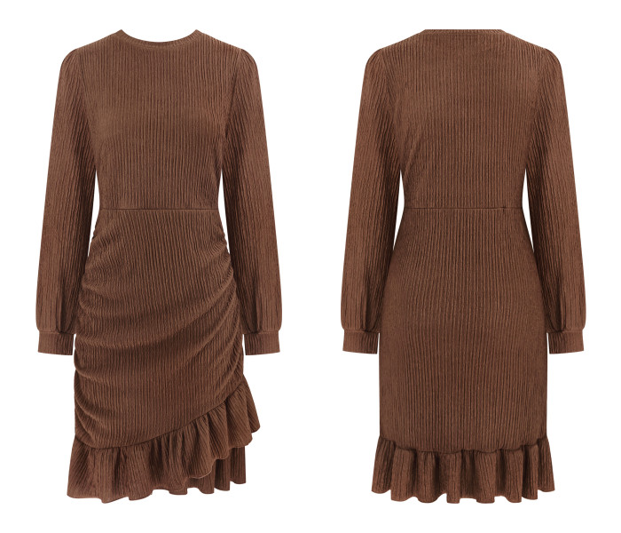 R.Vivimos Fall Elegant Dresses for Women Long Sleeve Crewneck Trendy Ruched Ruffle Hem Spring Casual Mini Dress