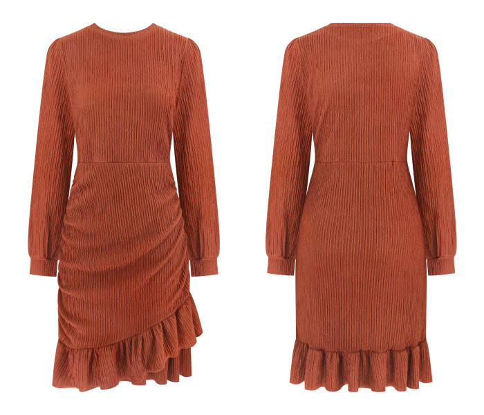 R.Vivimos Fall Elegant Dresses for Women Long Sleeve Crewneck Trendy Ruched Ruffle Hem Spring Casual Mini Dress
