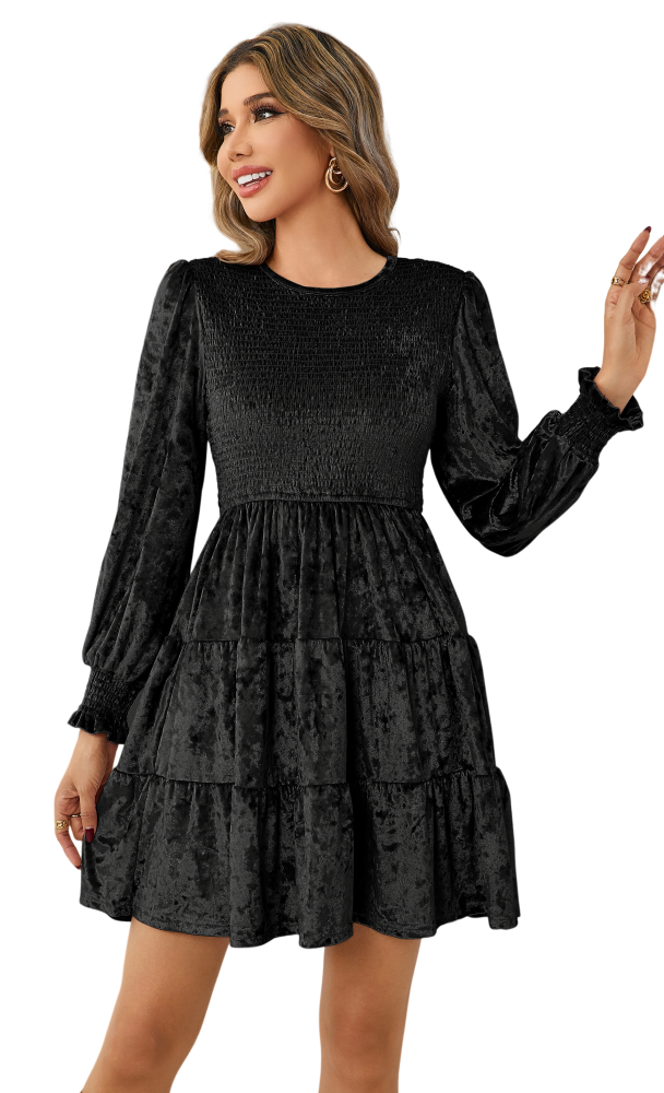 R.Vivimos Women's Fall Winter Crushed Velvet Dress Long Sleeve Crew Neck Elastic Smocked A-Line Tiered Ruffle Mini Dress