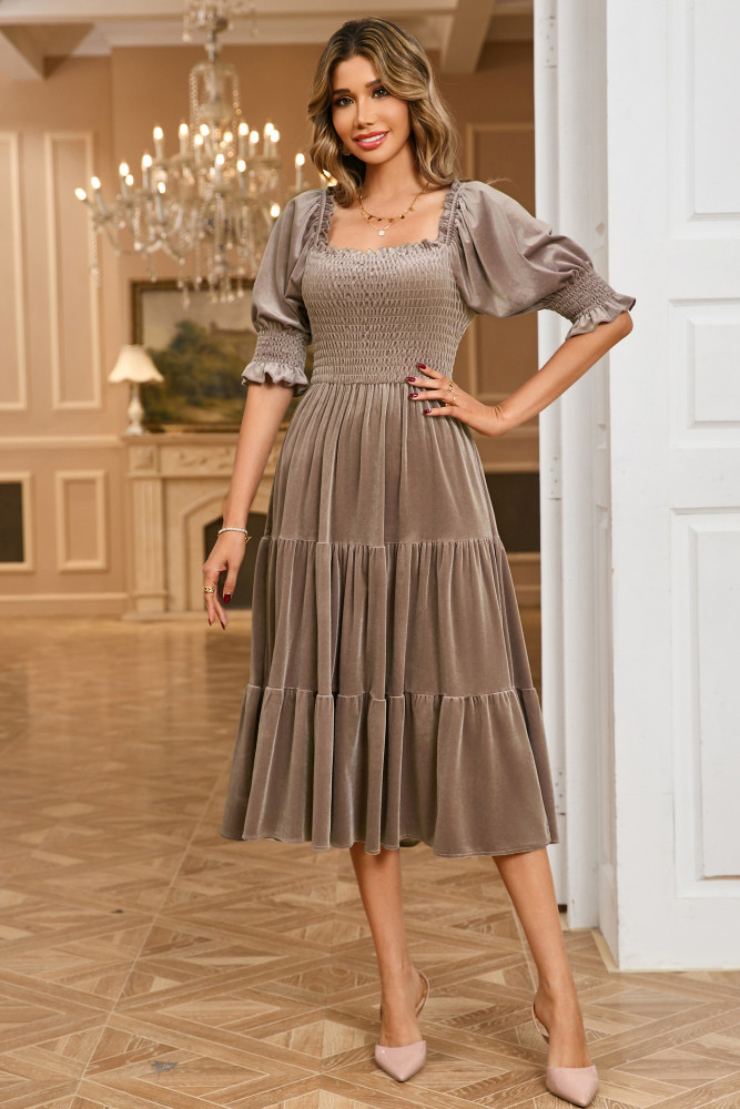 R.Vivimos Womens Fall Winter Velvet Dress Puff Sleeve Square Neck Smocked Tiered Ruffle A-Line Flowy Midi Dress