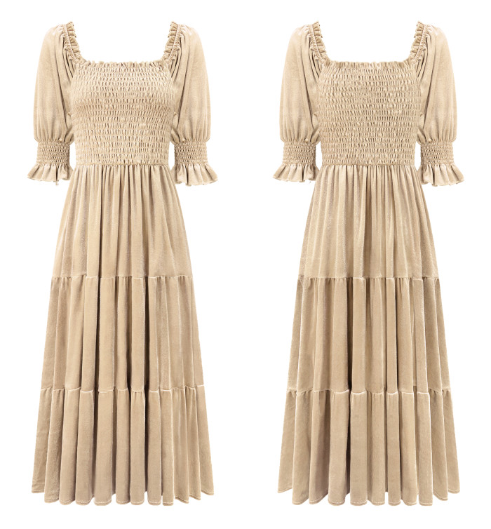 R.Vivimos Womens Fall Winter Velvet Dress Puff Sleeve Square Neck Smocked Tiered Ruffle A-Line Flowy Midi Dress