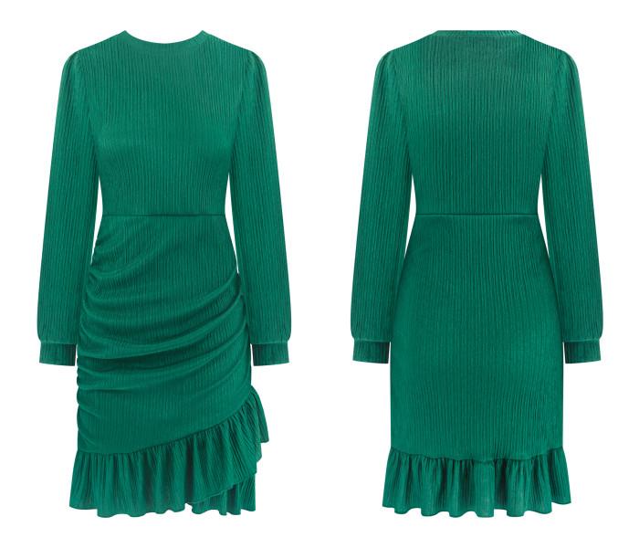 R.Vivimos Fall Elegant Dresses for Women Long Sleeve Crewneck Trendy Ruched Ruffle Hem Spring Casual Mini Dress