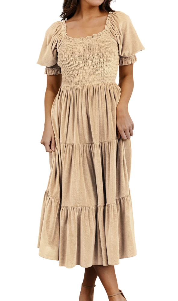 R.Vivimos Womens Fall Winter Velvet Dress Puff Sleeve Square Neck Smocked Tiered Ruffle A-Line Flowy Midi Dress