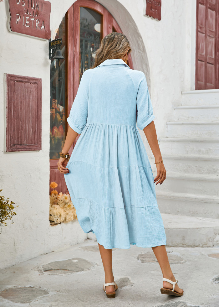 R.Vivimos Women's Summer Cotton Half Sleeves Button Down Casual Loose Slit Midi Dress with Pockets