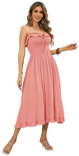 R.Vivimos Womens Summer Cotton Spaghetti Straps V-Neck Ruffle Casual Boho Midi Flowy Dress