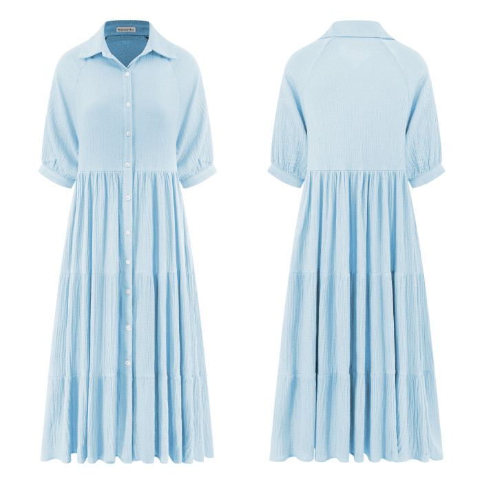 R.Vivimos Women's Summer Cotton Half Sleeves Button Down Casual Loose Slit Midi Dress with Pockets