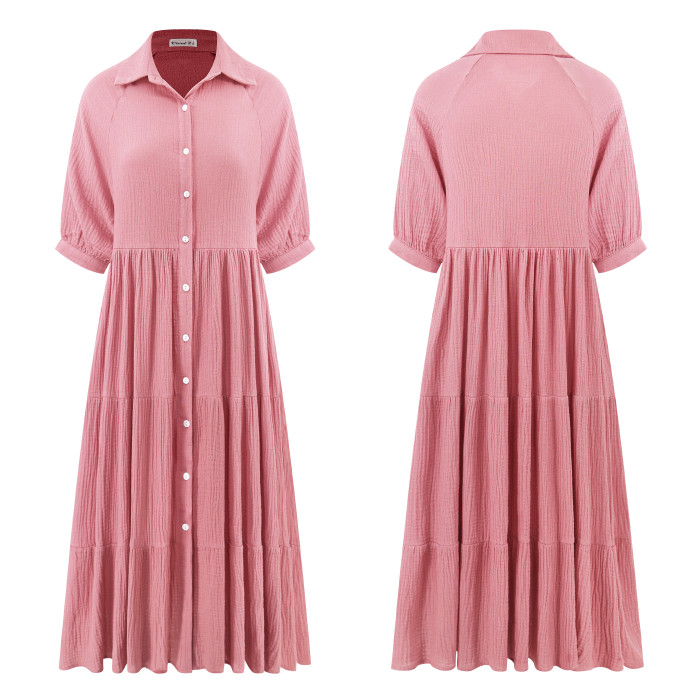 R.Vivimos Women's Summer Cotton Half Sleeves Button Down Casual Loose Slit Midi Dress with Pockets