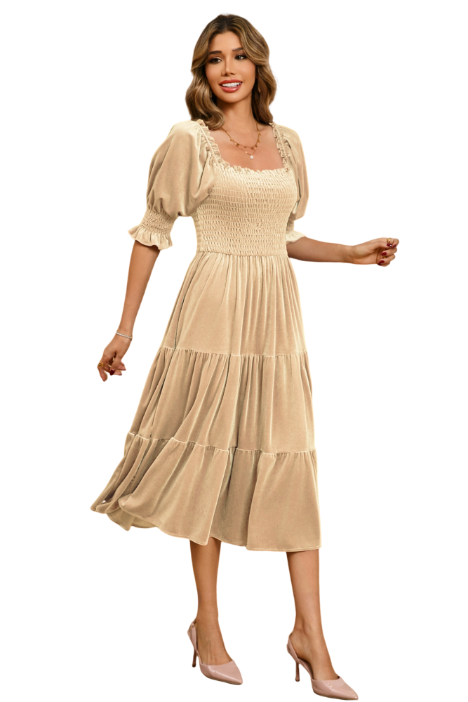 R.Vivimos Womens Fall Winter Velvet Dress Puff Sleeve Square Neck Smocked Tiered Ruffle A-Line Flowy Midi Dress