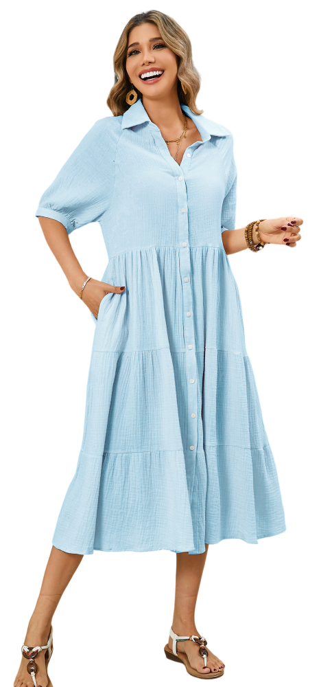 R.Vivimos Women's Summer Cotton Half Sleeves Button Down Casual Loose Slit Midi Dress with Pockets