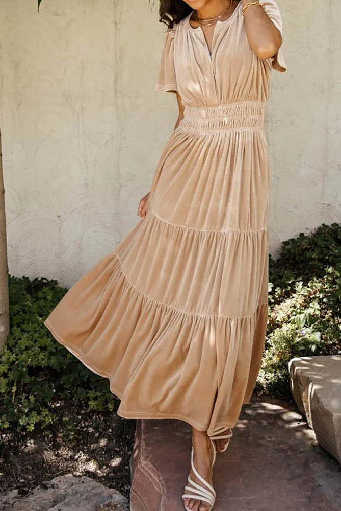 R.Vivimos Women's Fall Winter Vintage Velvet Dress Short Sleeve V Neck Elastic Waist Tiered Ruffle A-Line Elegant Maxi Dress