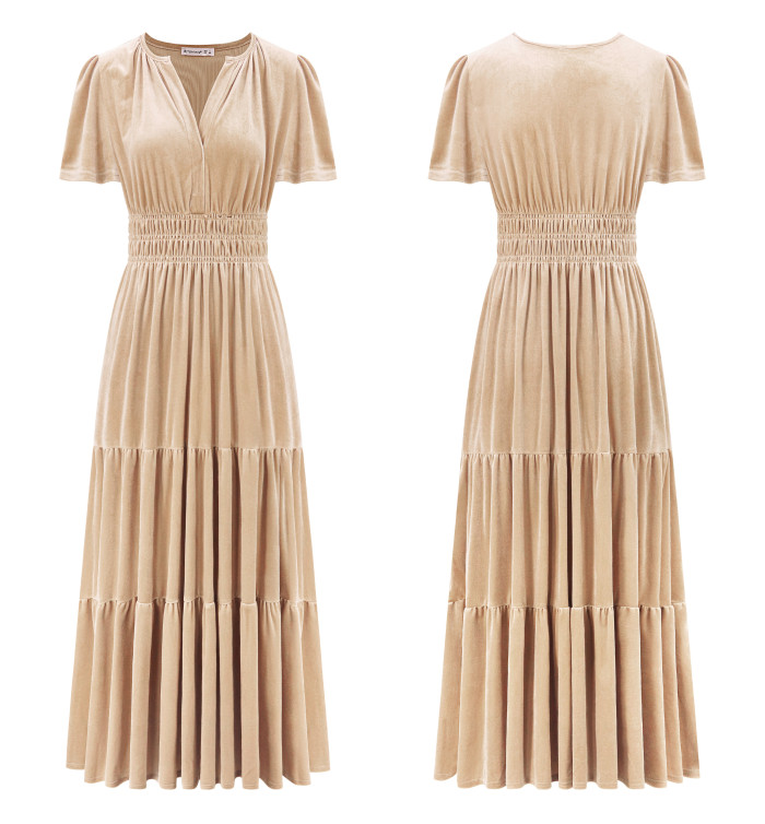 R.Vivimos Women's Fall Winter Vintage Velvet Dress Short Sleeve V Neck Elastic Waist Tiered Ruffle A-Line Elegant Maxi Dress