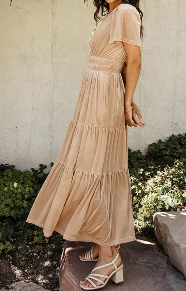 R.Vivimos Women's Fall Winter Vintage Velvet Dress Short Sleeve V Neck Elastic Waist Tiered Ruffle A-Line Elegant Maxi Dress
