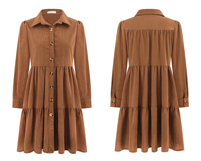 R.Vivimos Womens Fall Corduroy Dress 2024 Long Sleeve Button Down Tunic Mini Babydoll Dress with Pockets