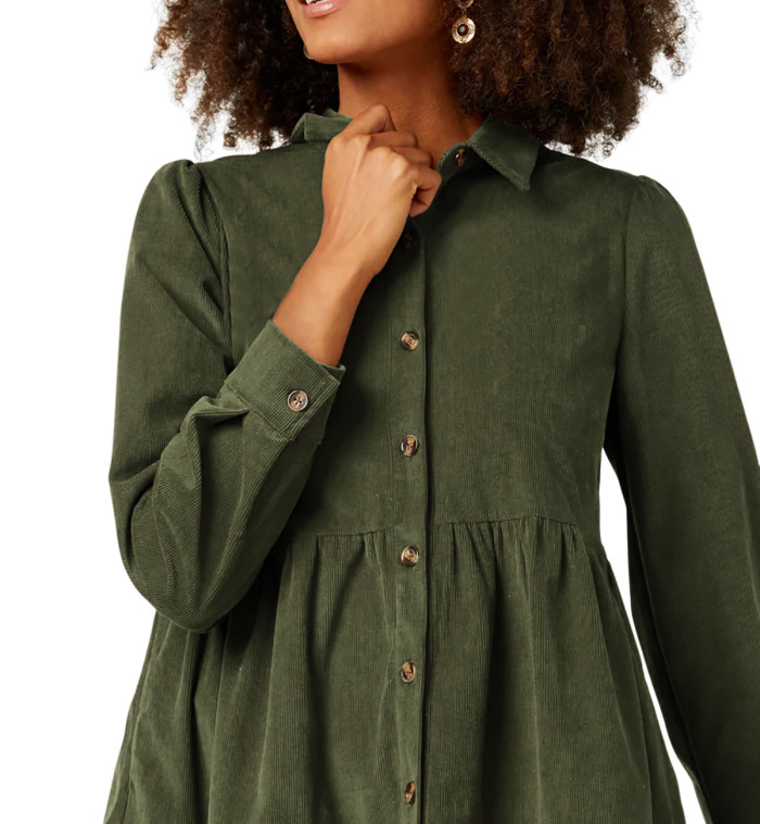 R.Vivimos Womens Fall Corduroy Dress 2024 Long Sleeve Button Down Tunic Mini Babydoll Dress with Pockets