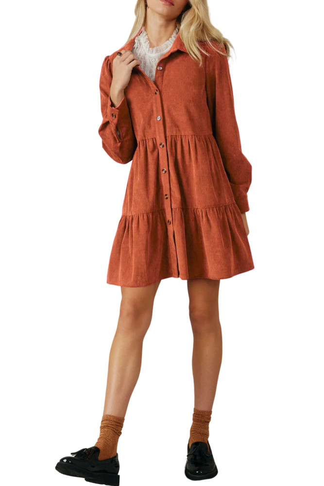 R.Vivimos Womens Fall Corduroy Dress 2024 Long Sleeve Button Down Tunic Mini Babydoll Dress with Pockets